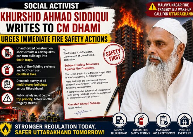 Social Activist Khurshid Ahmad Siddiqui Writes to Uttarakhand CM Dhami, Calls for Urgent Fire Safety Measures