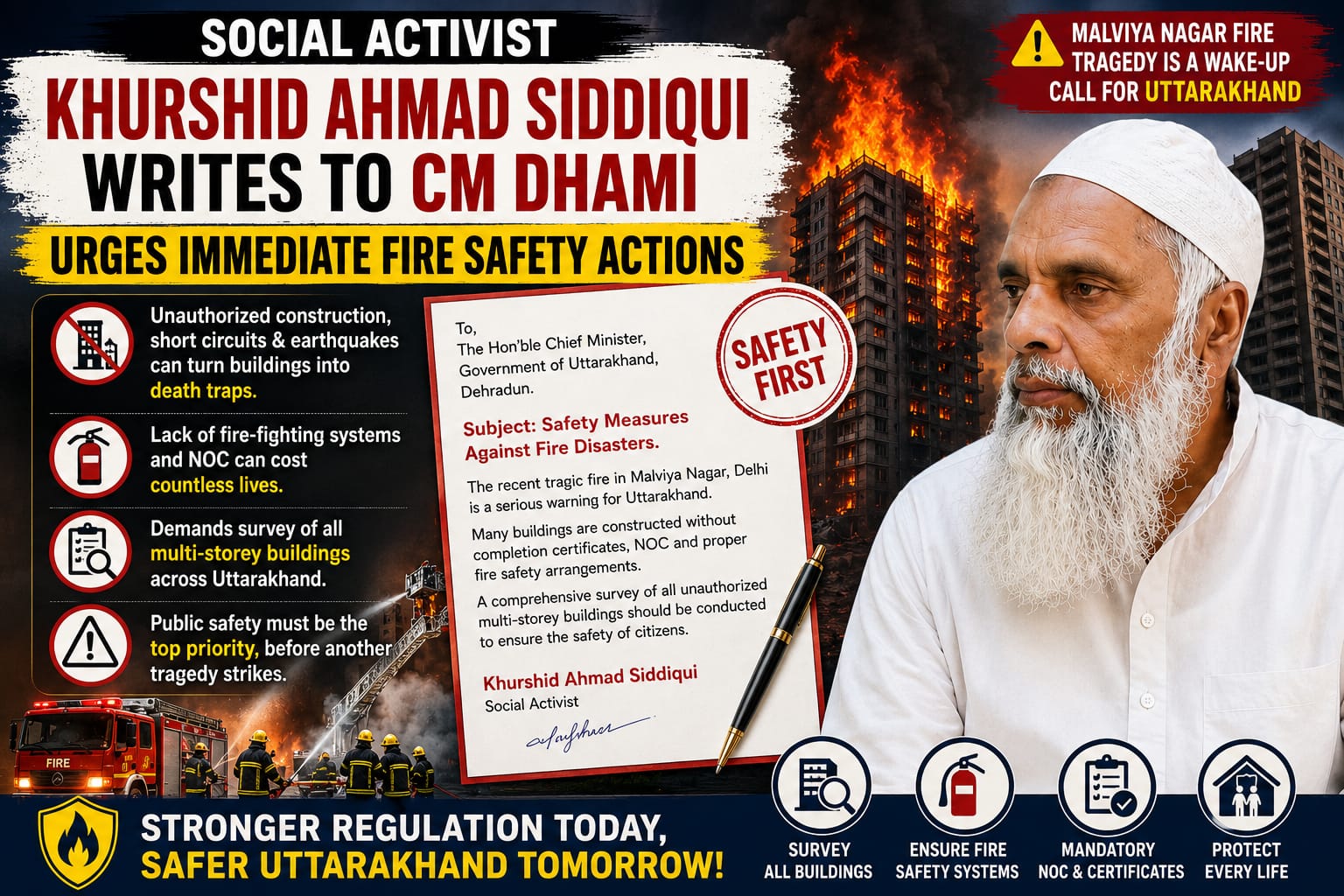 Social Activist Khurshid Ahmad Siddiqui Writes to Uttarakhand CM Dhami, Calls for Urgent Fire Safety Measures