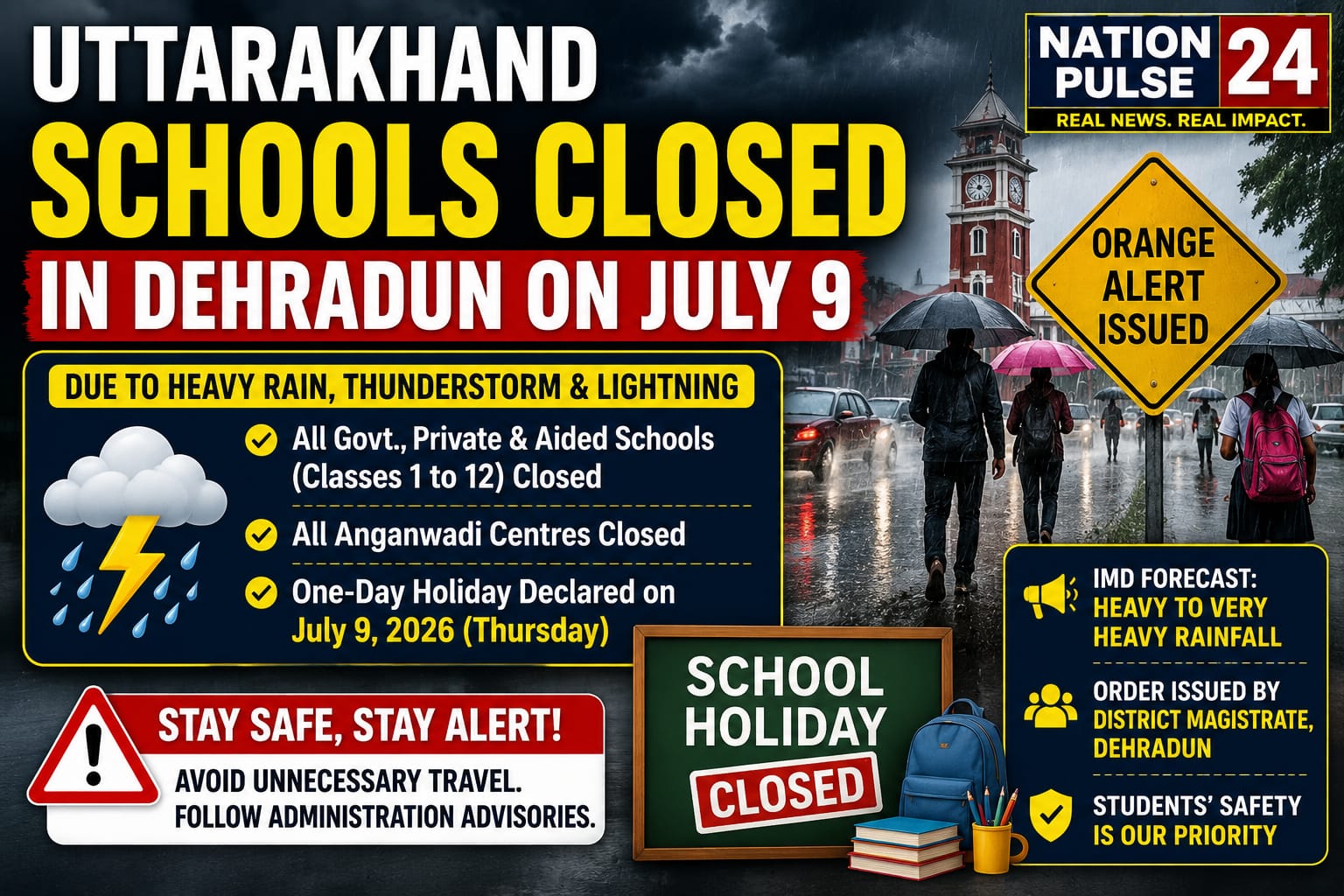 Heavy Rain Alert: Schools, Anganwadi Centres Closed Across Dehradun on July 9