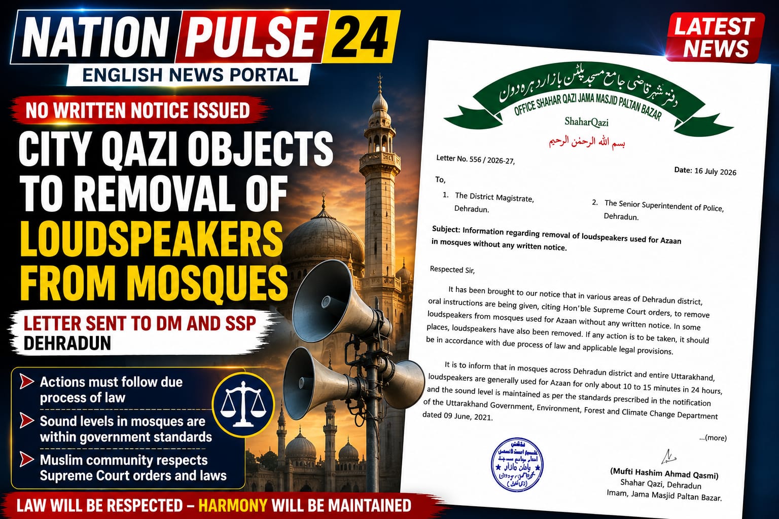 Dehradun City Qazi Raises Objection Over Alleged Removal of Mosque Loudspeakers Without Written Notice