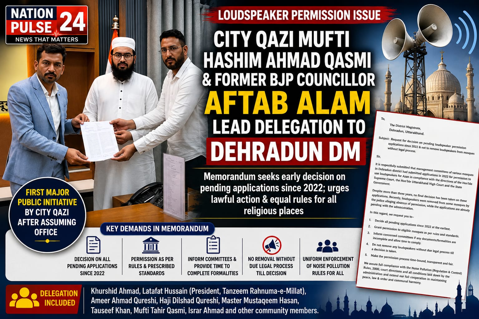 Dehradun City Qazi Mufti Hashim Ahmad Qasmi & Former BJP Councillor Aftab Alam Lead Delegation to DM Over Mosque Loudspeaker Permission Issue