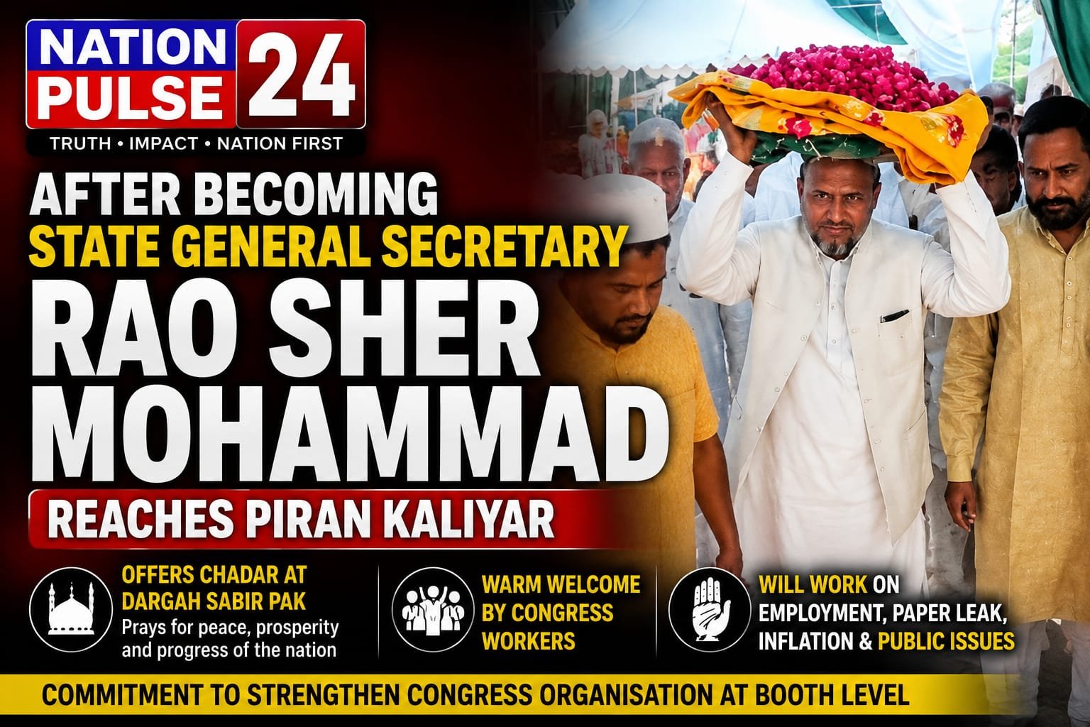 Rao Sher Mohammad Reaches Piran Kaliyar After Being Appointed Congress State General Secretary